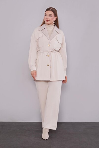 Levidor Cream Double-Breasted Fur Collar Double Suit