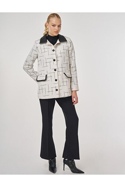 Kayra Leather Collar Patterned Jacket Ecru