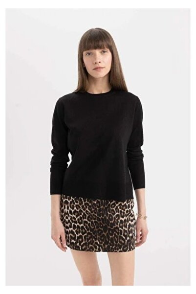 DeFacto C0058 Black Regular Fit Soft Textured Crew Neck Basic Plain Knitwear ...