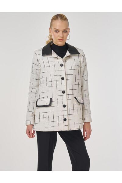 Kayra Leather Collar Patterned Jacket Ecru