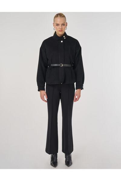 KYR Mock Neck Short Cashmere Coat Black