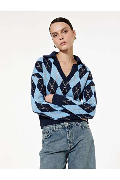 Koton Pulover oversize cu mâneci lungi, cu model argintiu, cu guler polo