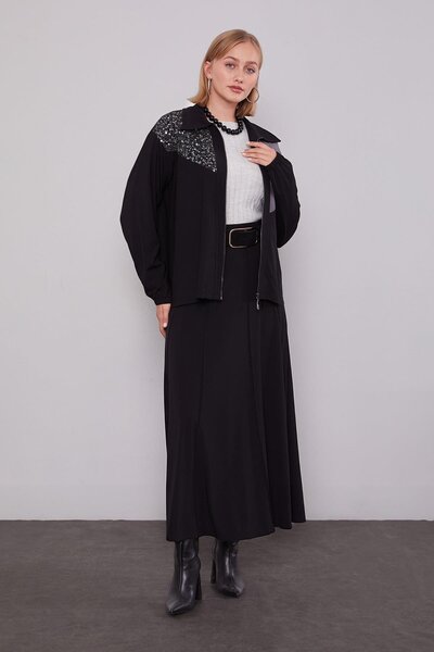 Levidor Black Shoulder Sequin Detailed Skirt Set