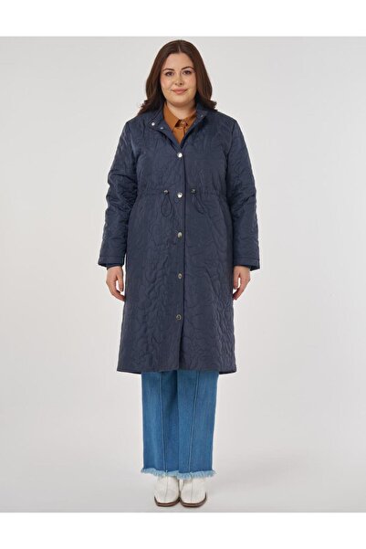 Kayra Waist Gathered Quilted Coat Dark Navy Blue
