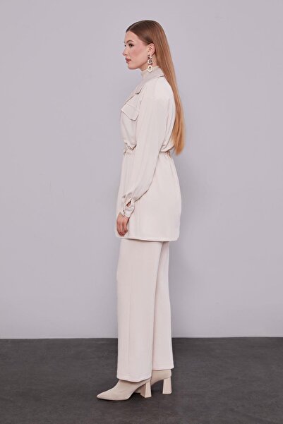 Levidor Cream Double-Breasted Fur Collar Double Suit