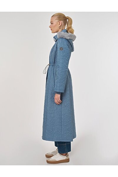 Kayra Fur Detailed Quilted Coat Dirty Blue
