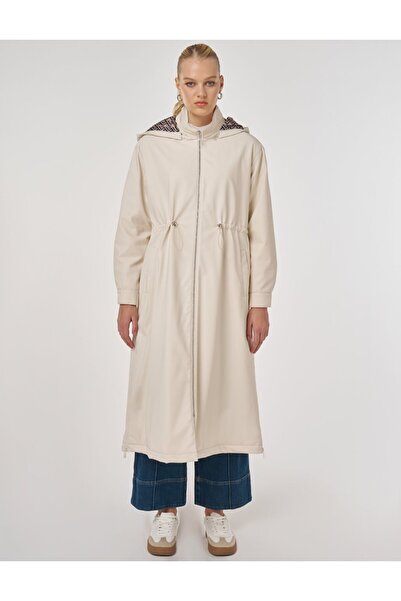 Kayra Zipper Detailed Faux Leather Anorak Coat Cream