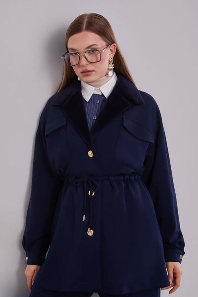 Levidor Navy blue Double-Breasted fur collar double set