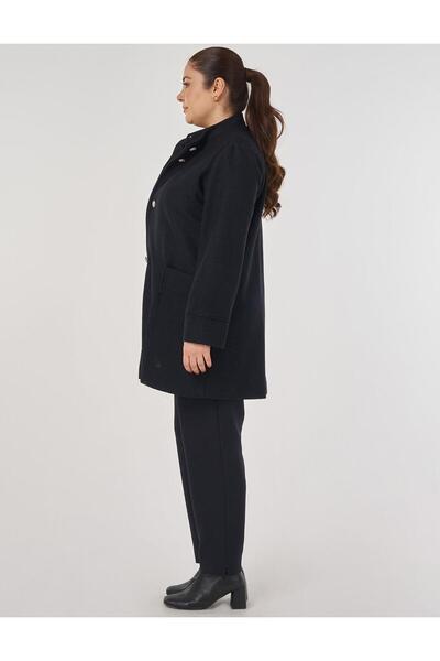 Kayra Shiny Buttoned Felt Coat Black