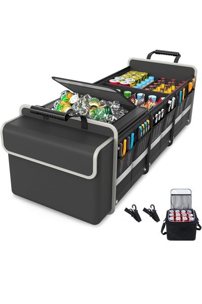 ET-LIFE منظم صندوق السيارة مع حقيبة تبريد معزولة ومضادة للتسرب، 3 حجرات كبيرة، سعة 90 لترًا، لسيارات الدفع الرباعي والشاحنات