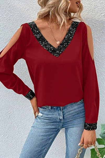 Mossta V Neck Off Shoulder Sandy Blouse - Red
