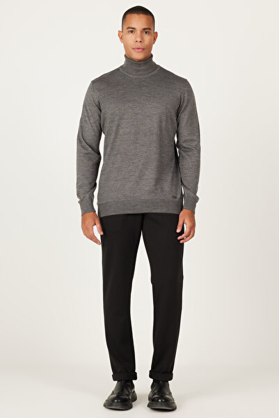 ALTINYILDIZ CLASSICS Gray Melange Wool Standard Fit Regular Cut Full Turtleneck Knit Sweater