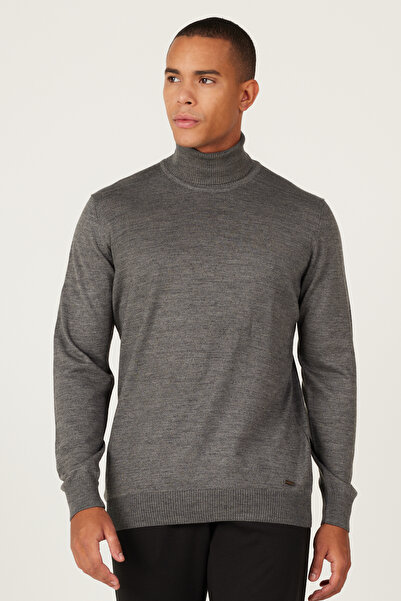 ALTINYILDIZ CLASSICS Gray Melange Wool Standard Fit Regular Cut Full Turtleneck Knit Sweater