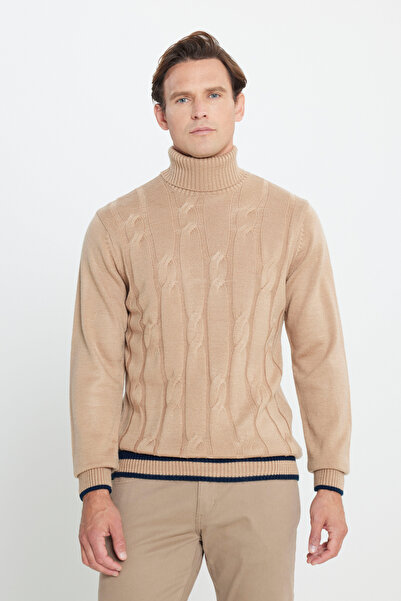 AC&Co / Altınyıldız Classics Beige Standard Fit Regular Cut Full Turtleneck Jacquard Knit Sweater