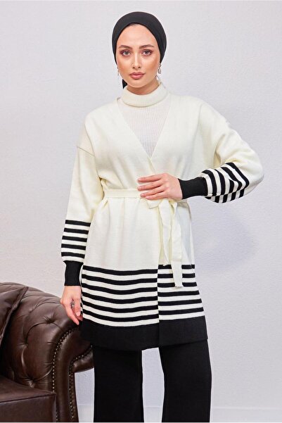 TRENDTESETTÜR Women's Black Belted Knit Cardigan t 3708-1