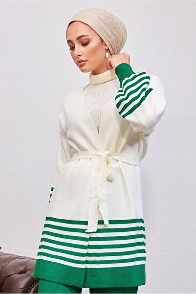 TRENDTESETTÜR Women's Green Belted Knit Cardigan t 3708-1