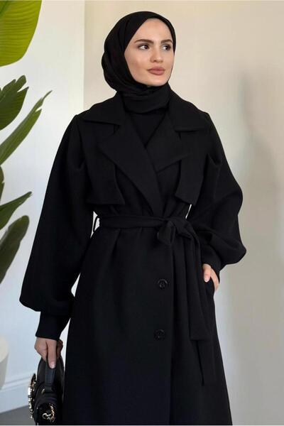 TRENDTESETTÜR Women's Black Belted Cashemere Coat t 3526