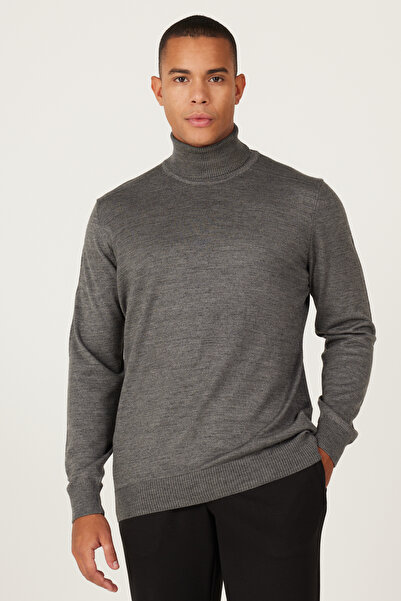 ALTINYILDIZ CLASSICS Gray Melange Wool Standard Fit Regular Cut Full Turtleneck Knit Sweater
