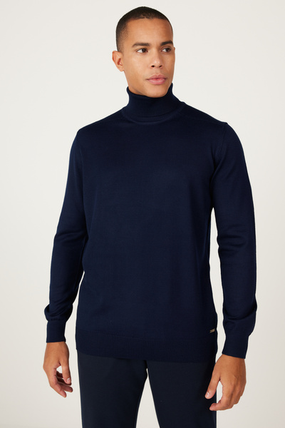 ALTINYILDIZ CLASSICS Πλεκτό πουλόβερ με λαιμόκοψη σε μπλε ναυτικό μάλλινο κορδόνι κανονικής εφαρμογής