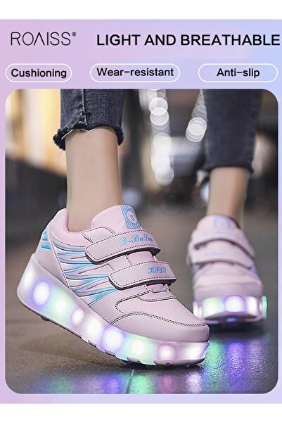 ROAISS Kids Double Wheel Roller Skates Shoes, LED Light up Adjustable Sneakers with Velcro, Cool Shiny Roll