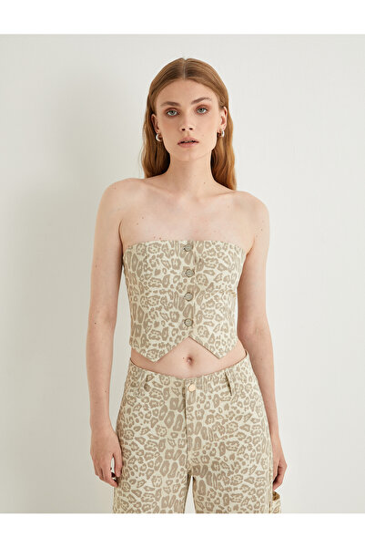 Koton Strapless Leopard Print Bustier with Buttons
