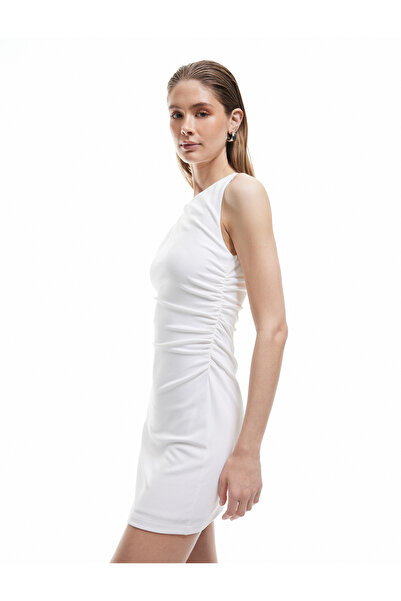 Koton Crepe Scuba Fabric Drape Detail Sleeveless Crew Neck Mini Dress