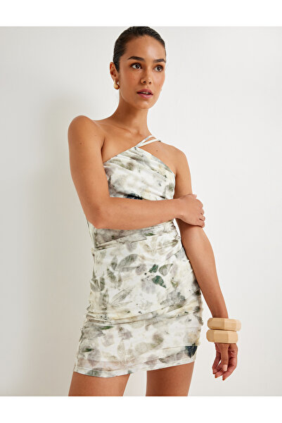 Koton Μίνι φόρεμα με έναν ώμο με φλοράλ σχέδιο με υφή