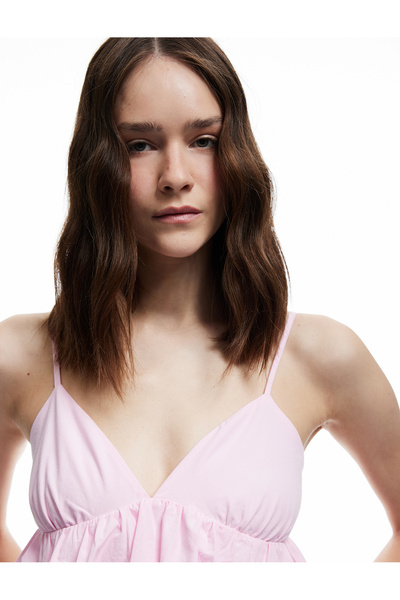 Koton Flounce V-Neck Cotton Slim Fit Strap Poplin Crop Blouse