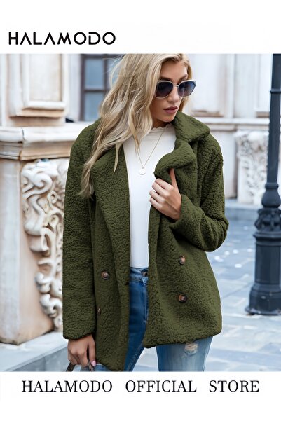 HALAMODO Women's Winter Faux Fur Coats Long Sleeve Lapel Button Down Pockets Fleece Sherpa Jacket Outerwear