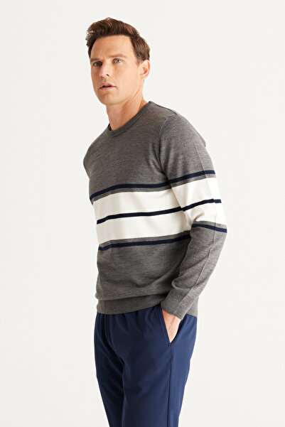 ALTINYILDIZ CLASSICS Gray-Dark Blue Wool Standard Fit Regular Cut Crew Neck Striped Knitwear Sweater