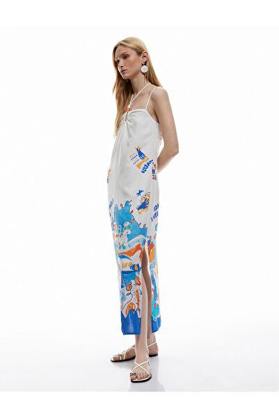 Koton Rochie midi cu bretele subțiri, cu cu fantă modele, fără mâneci, cu detaliu de legare la gât