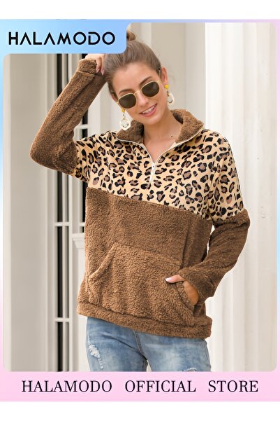 HALAMODO سترة نسائية كاجوال مزدوجة من الصوف الصناعي بسحاب ومعطف خارجي