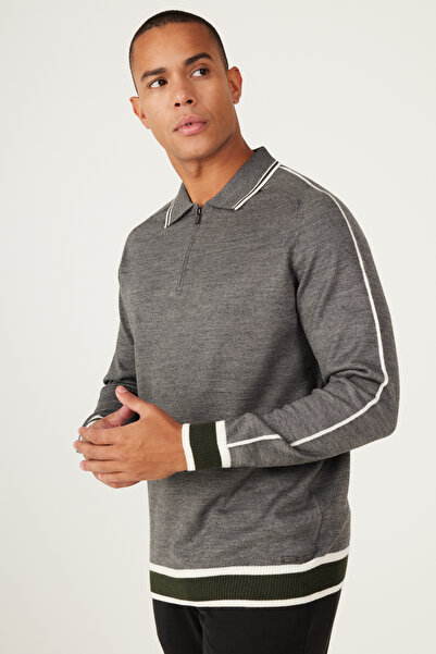 ALTINYILDIZ CLASSICS Сіро-зелений вовняний стандартний крій, нормальний крій, поло-комір, трикотажний светр