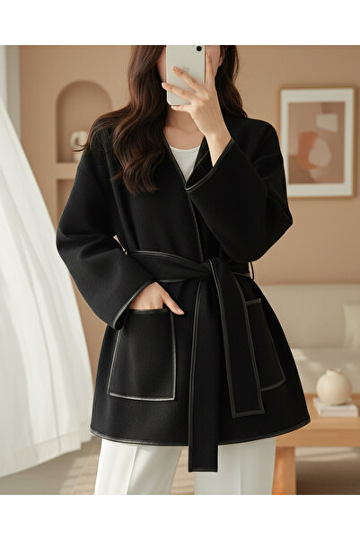 MissRunin Biye Detaylı çift Cepli Kuşaklı Kaşe Kimono