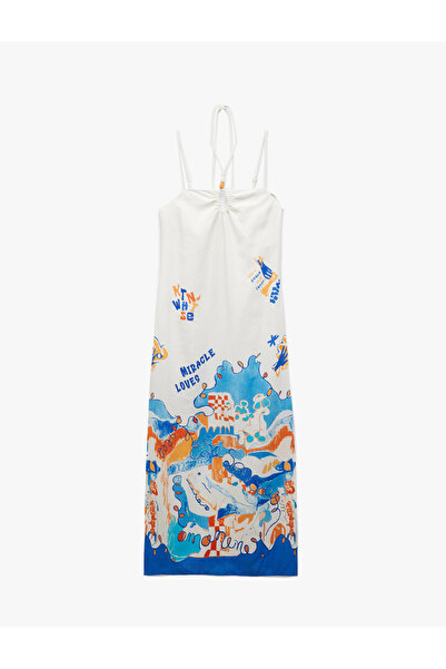 Koton Rochie midi cu bretele subțiri, cu cu fantă modele, fără mâneci, cu detaliu de legare la gât