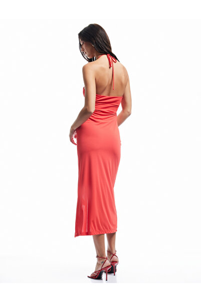 Koton Strapless Midi Dress with Halter Neck Detail Draped Slit