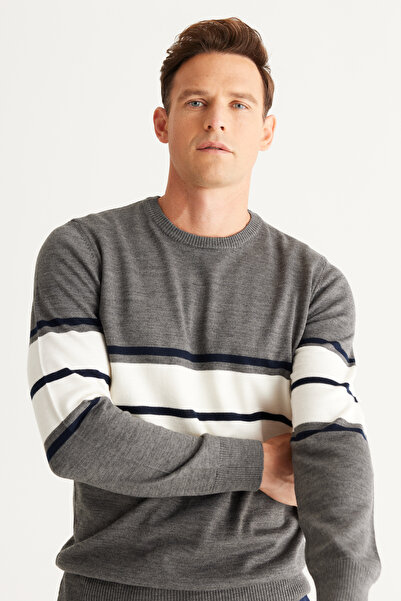 ALTINYILDIZ CLASSICS Gray-Dark Blue Wool Standard Fit Regular Cut Crew Neck Striped Knitwear Sweater
