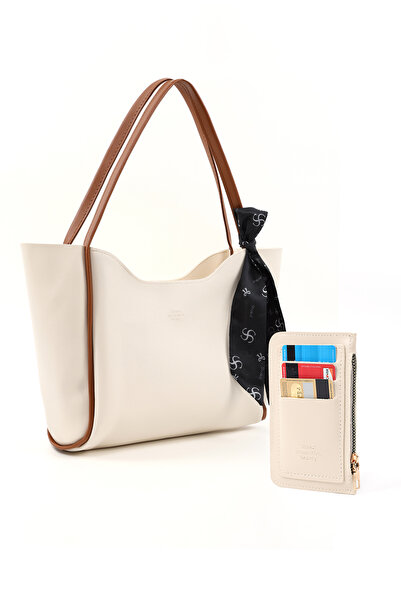 SHAKA Cream-Tan /Cream Shk276 Faux Leather Large Zippered Shoulder Bag and Wallet Set (Shk240-Shk101)