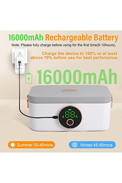 Generic Rechargeable Electric Lunch Box Cordless Food Warmer 16000mAh Battery Portable 1.2L Stainless Steel
