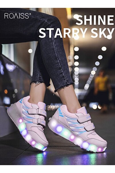 ROAISS Kids Double Wheel Roller Skates Shoes, LED Light up Adjustable Sneakers with Velcro, Cool Shiny Roll