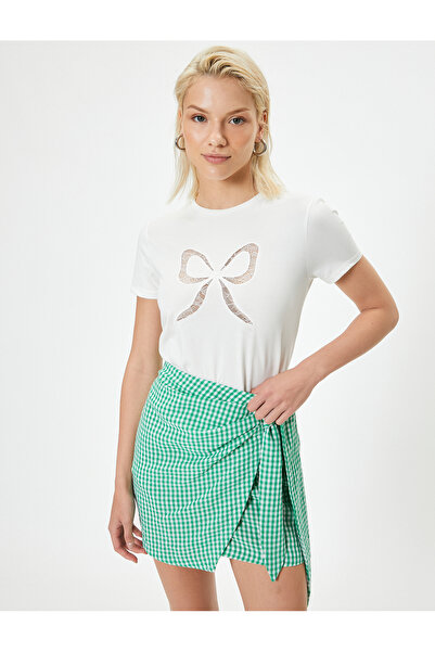 Koton Lace Bow Detail T-Shirt Short Sleeve Crew Neck