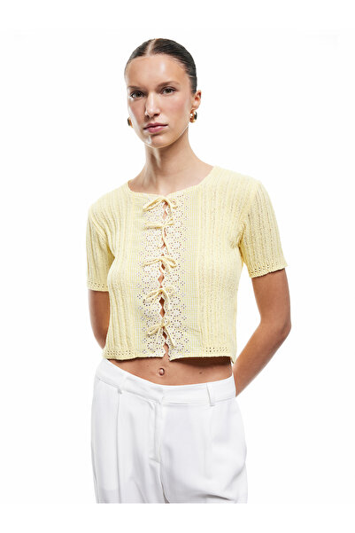 Koton Short Sleeve Crew Neck Knit Cardigan with Tie-Up Bow Detail