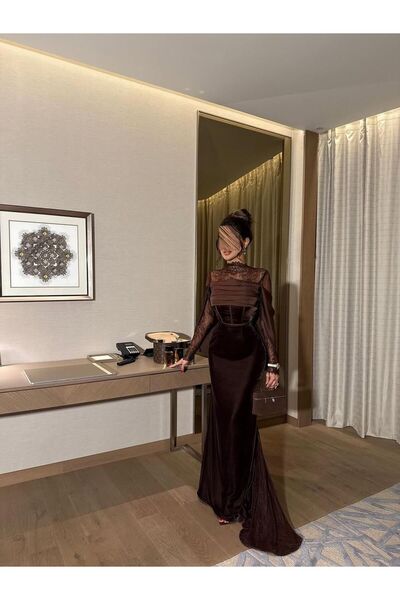 Generic Luxurious Korean velvet evening gown with exquisite lace - artistic draped design in a royal chocolate color