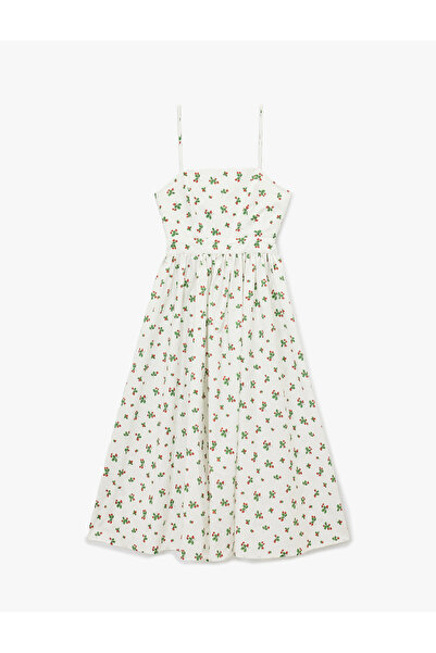 Koton Cotton A-Line Strawberry Printed Floral Long Suspender Poplin Dress