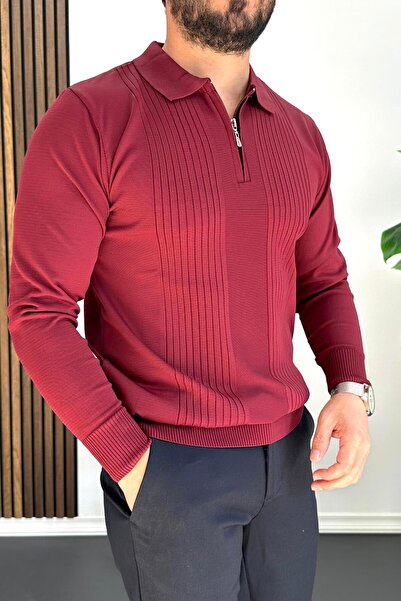 Edwox Men's Striped Pattern Regular Fit Sweater Burgundy Edw422