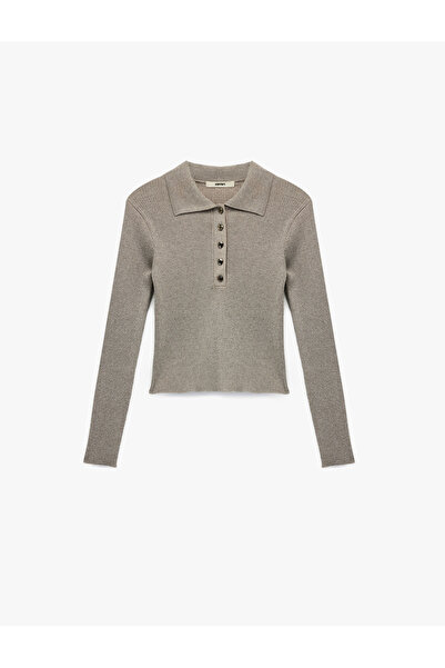 Koton X Melis Ağazat - Long Sleeve Metallic Yarn Detailed Shimmering Polo Nec...