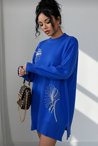 NEWCO Stone Printed Leaf Themed Knitwear Tunic Sweater with Side Slit Detail
