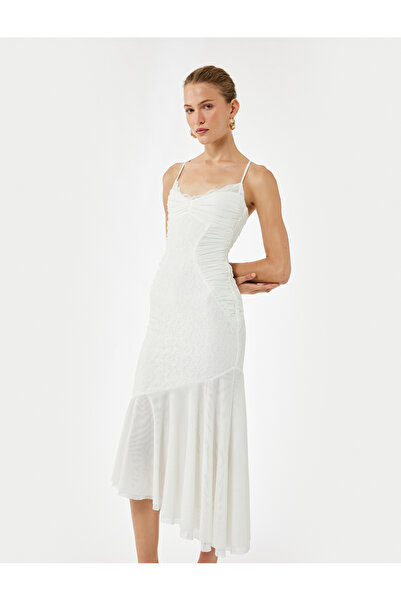 Koton Ασύμμετρο βραδινό φόρεμα με λουράκια από τούλι και δαντέλα