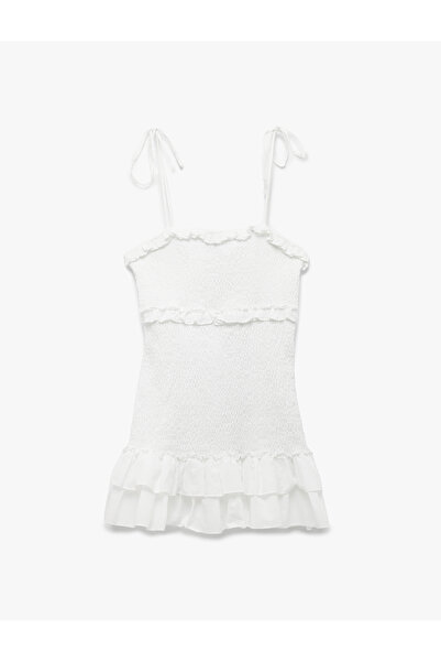 Koton Rochie mini din bumbac cu volane, cu croială bretele cu șnur, cu volan, strânsă