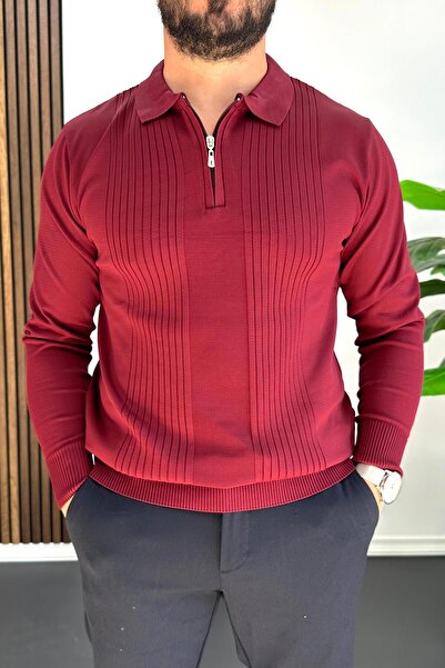 Edwox Men's Striped Pattern Regular Fit Sweater Burgundy Edw422